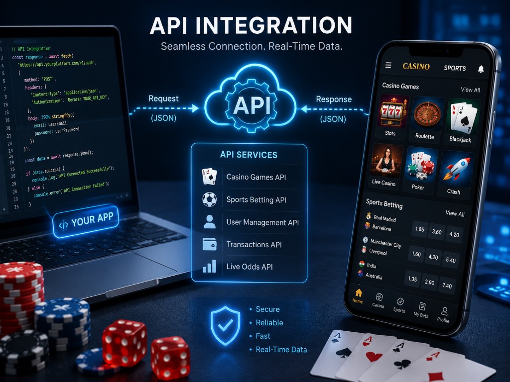 API integration diagram linking developer app to casino and sports platform