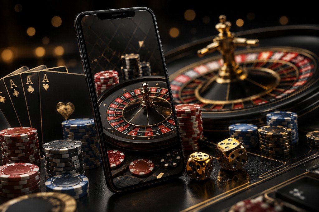 Mobile casino app with cards, chips, and roulette