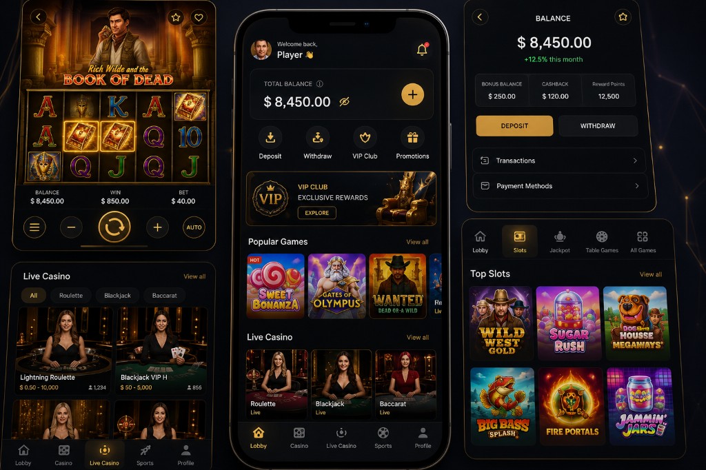 Premium dark-mode casino app UI screens for lobby, slots, and wallet