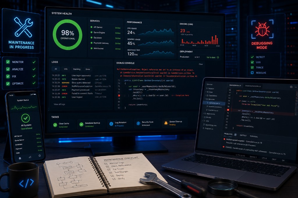 System health dashboard for maintenance, monitoring, and debugging