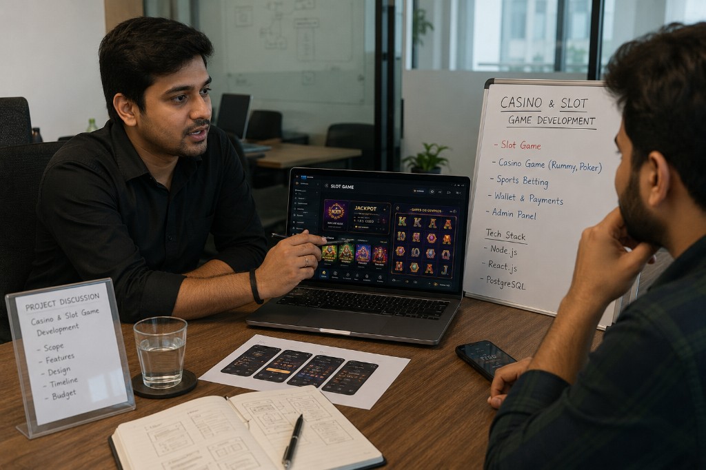 Team discussing casino and slot game MVP scope, features, and tech stack