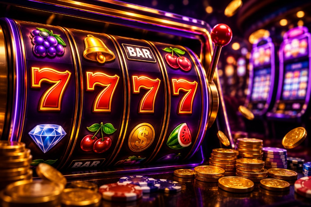 Jackpot slot machine with sevens, coins, and casino chips