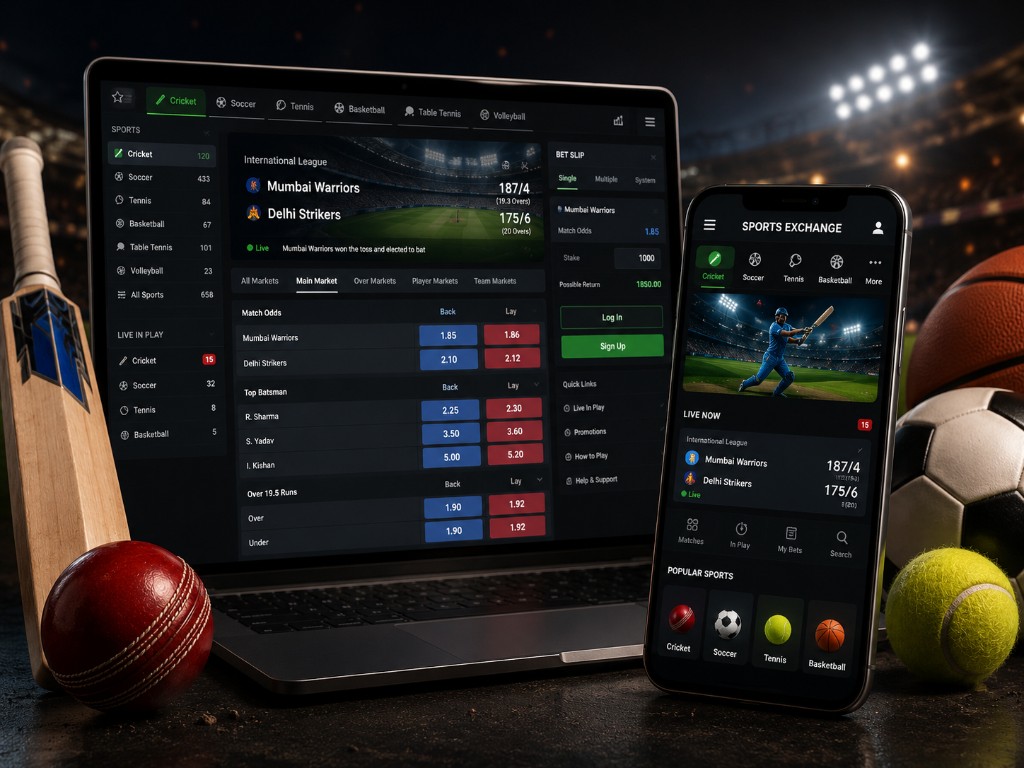 Sports exchange platform on laptop and mobile with cricket and stadium gear